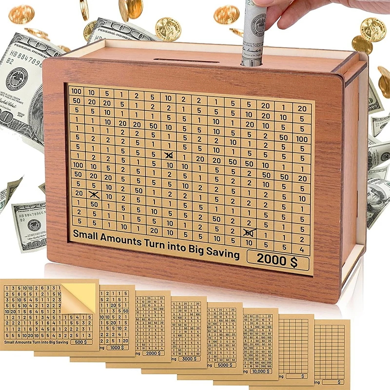1000/2000/3000/5000/10000 Euro Dollar Money Box Piggy Bank Wood Money Bank Wielokrotnego użytku Skarbonka z oszczędzaniem celu i pudełkami z numerami