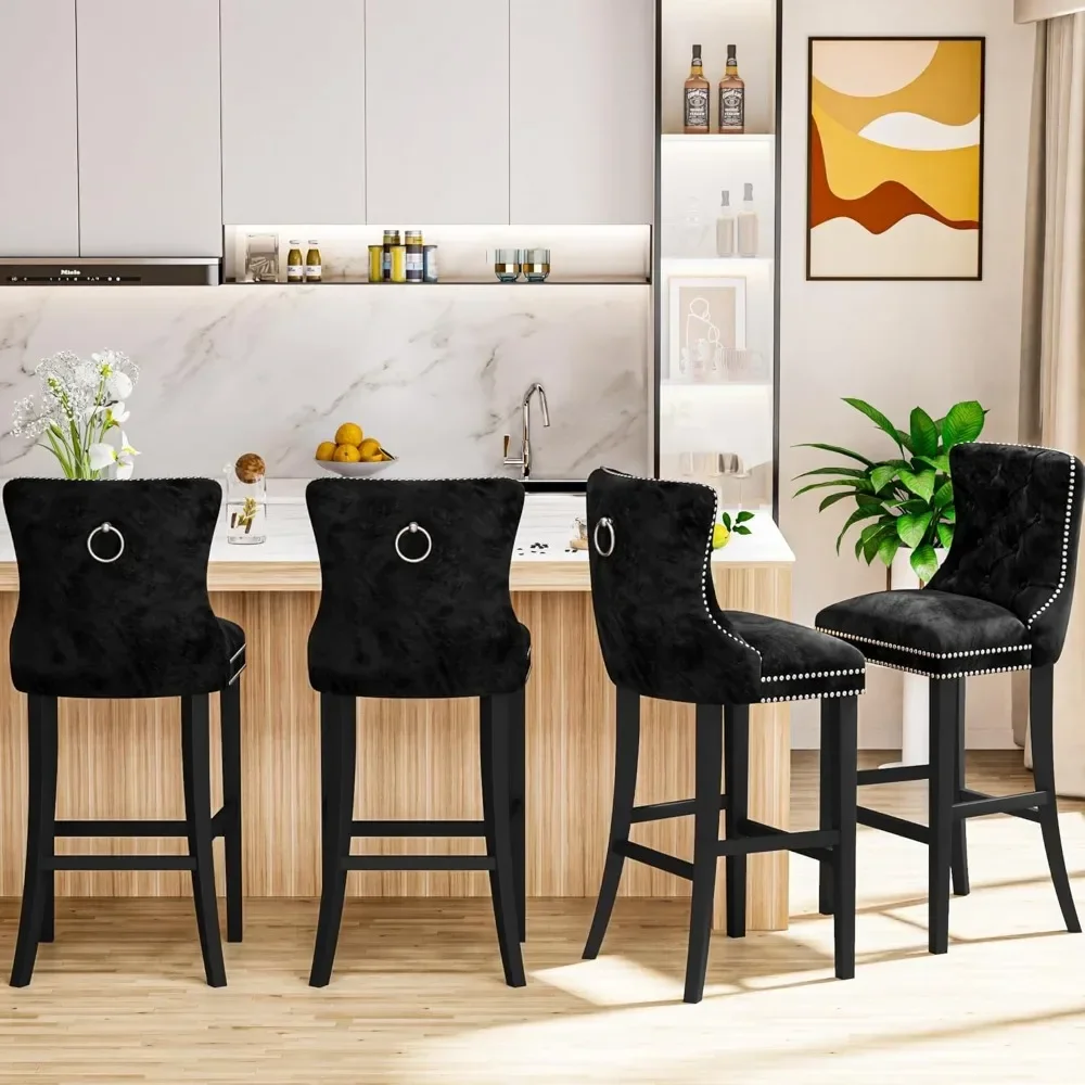 27''H Counter Height Bar Stools Set of 4, Velvet Tufted High Bar Stools with Back and Footrest, Upholstered Bar Tall Chairs