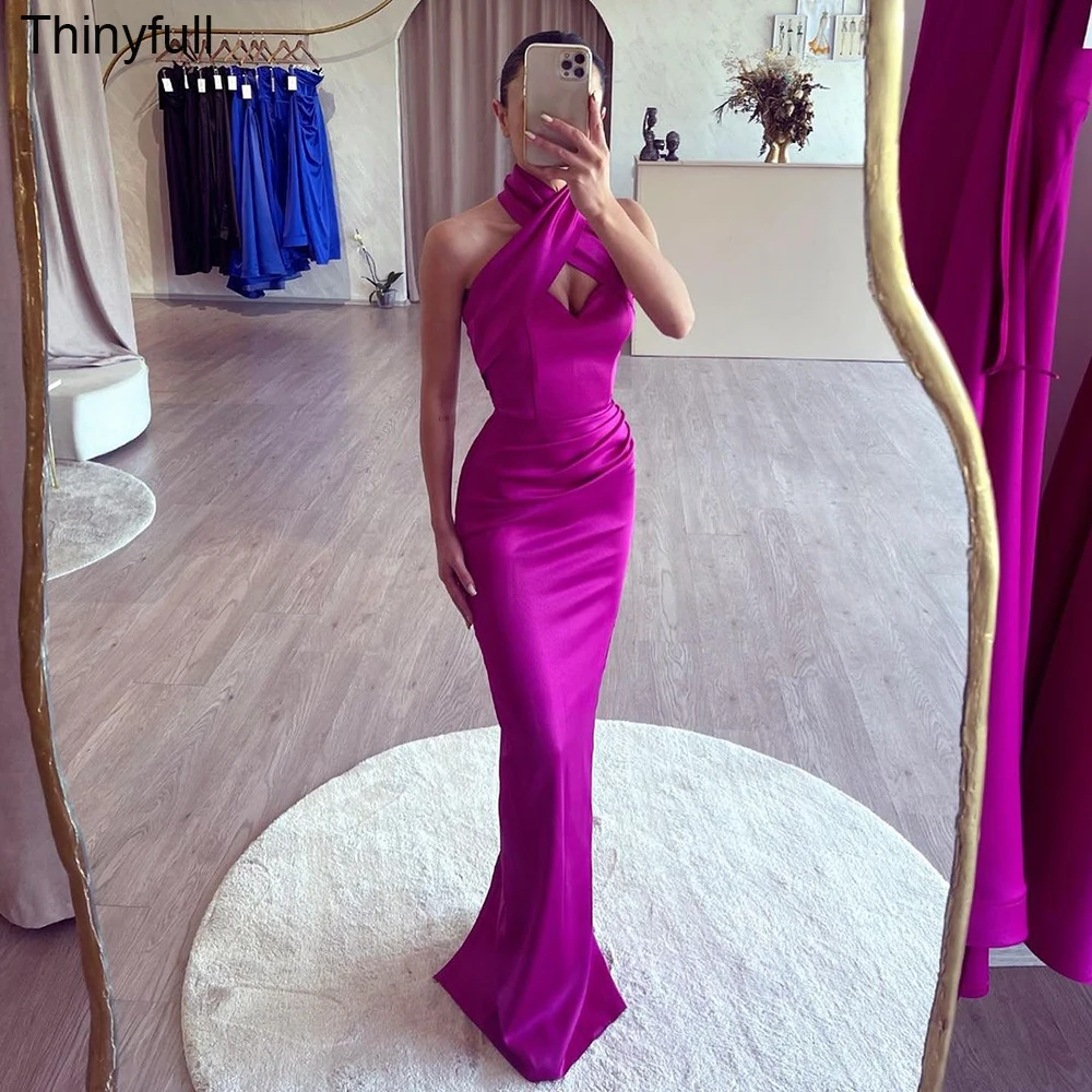 

Thinyfull Mermaid Fuchsia Prom Dress Halter Satin Sleeveless Evening Party Gowns 2023 Long Formal Event Dress Vestidos De Noche