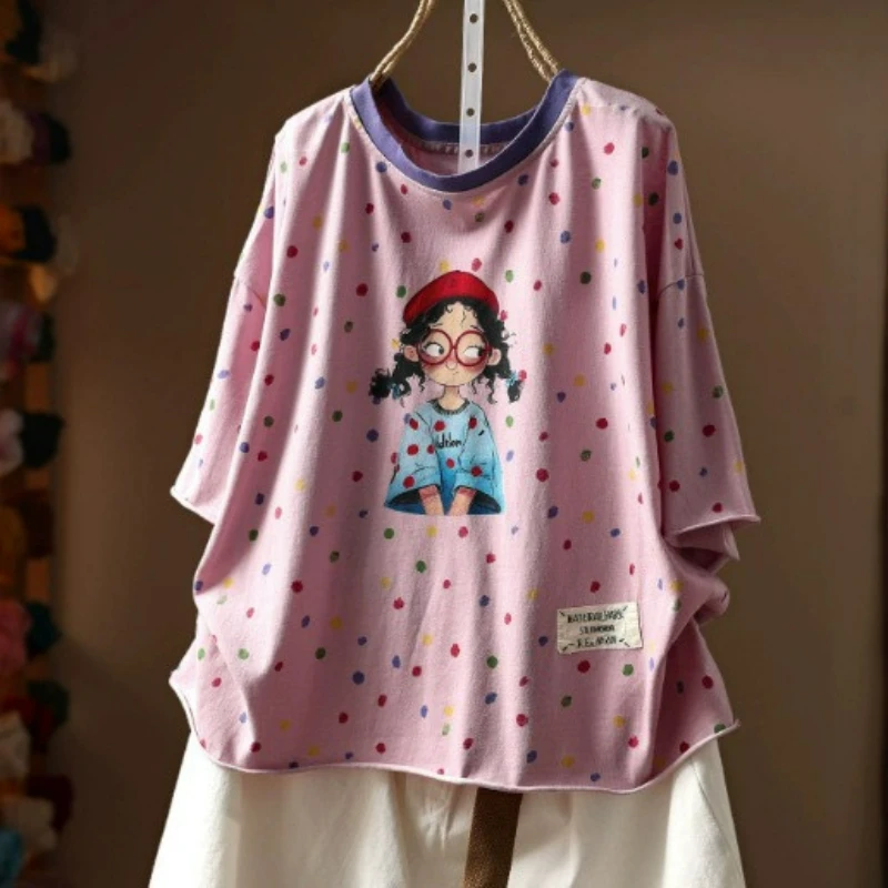

Women Summer Sweet Mori Girl Colorful Dot Cartoon Printed Cotton T-Shirts O-Neck Short Sleeve Casual Loose Tee Shirt Tops