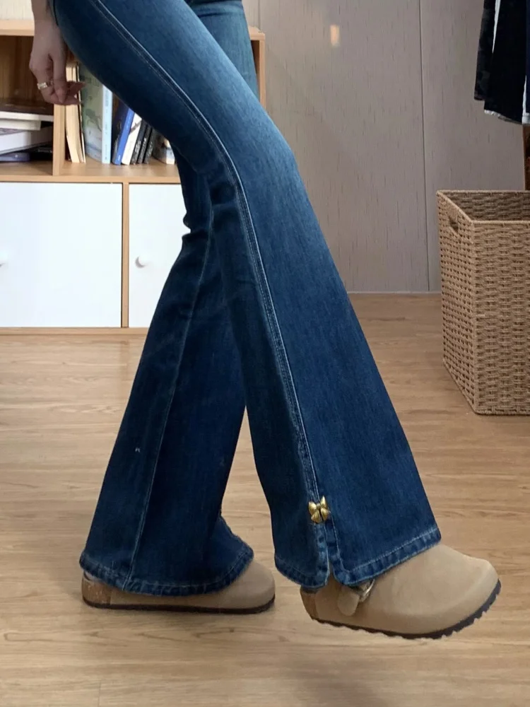 Hohe Taille Bell Bot Denim Jeans frauen Frühling Herbst Neue Sle plus Größe Knoten Retro Stretchy Ausgestelltes Hosen