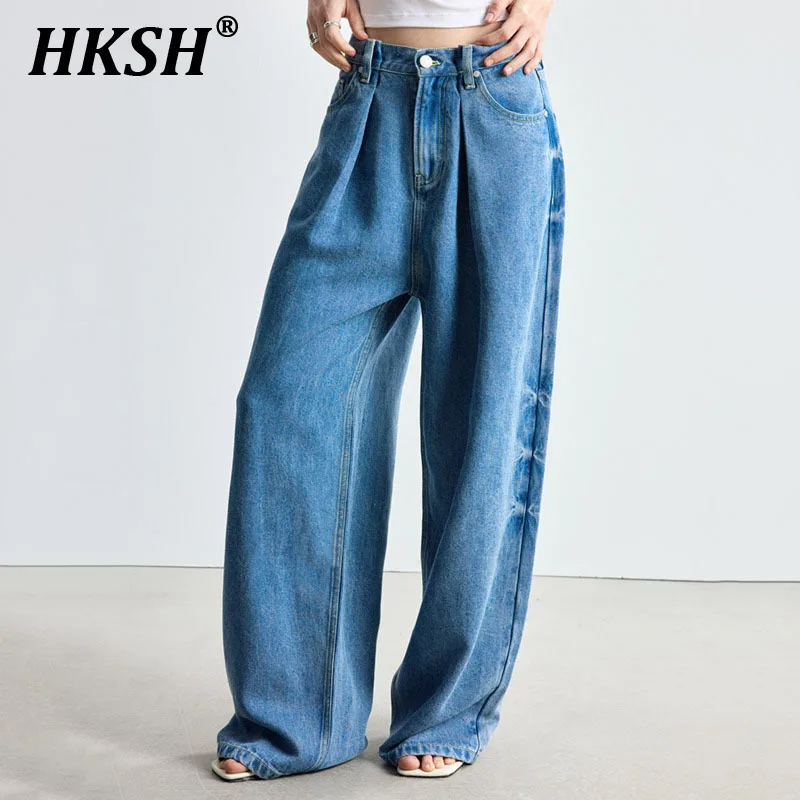 

HKSH Spring Summer New Women Punk Style Streetwear Elegant Temperament Wide Leg Jeans Slim Low Waisted Casual Denim Pants HK5686