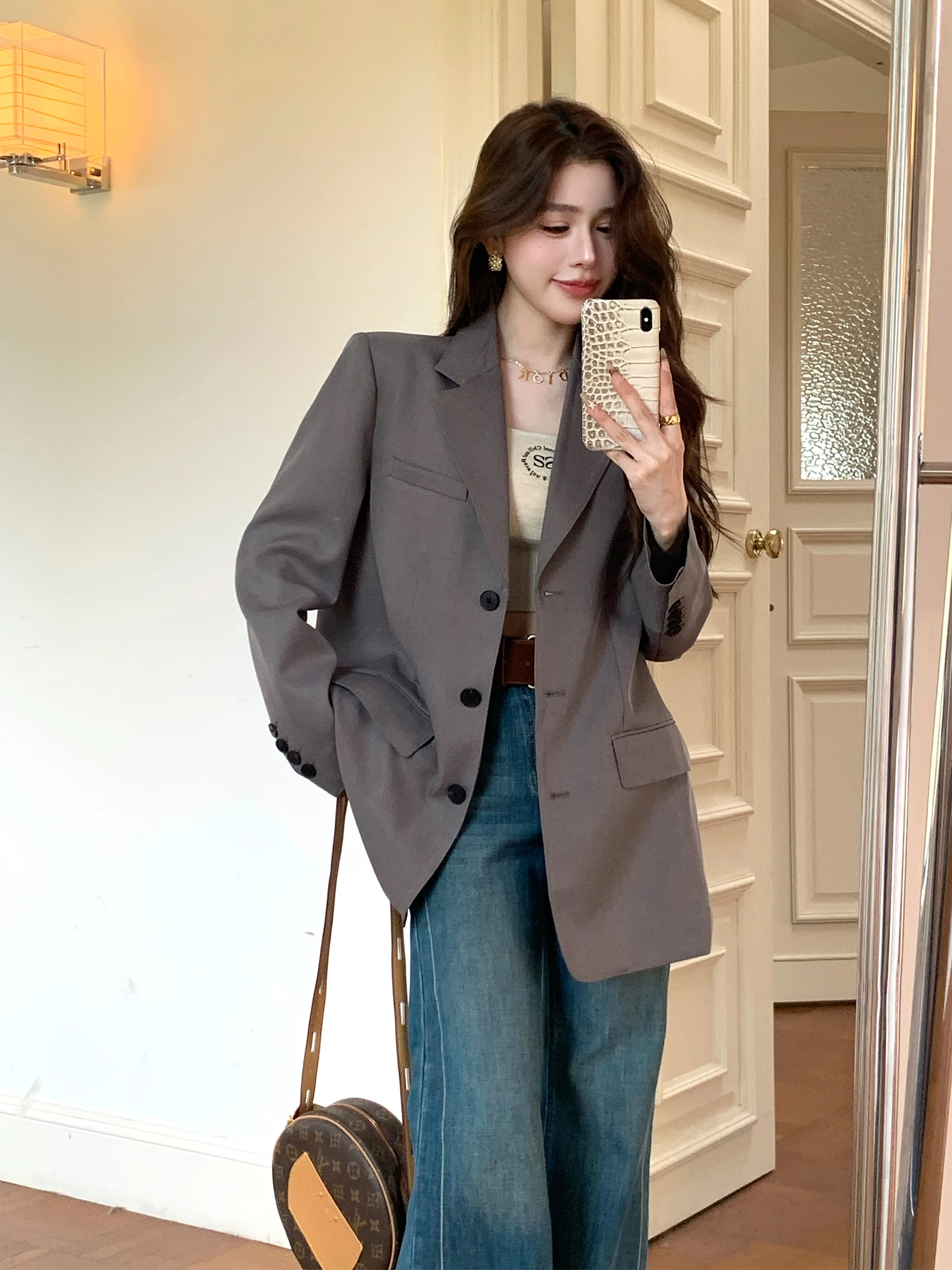 

ey Single-Button Suit Simple Design Commute Personali Outerwear Autumn Winter Women's Busin Formal Jaet