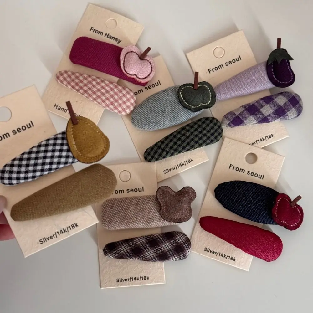Unique 2Pcs/set Fabric Fruit Hair Clip Bear Cute Plaid Hairpin Set Grid pattern Sweet Children's Hair Accessories Girls