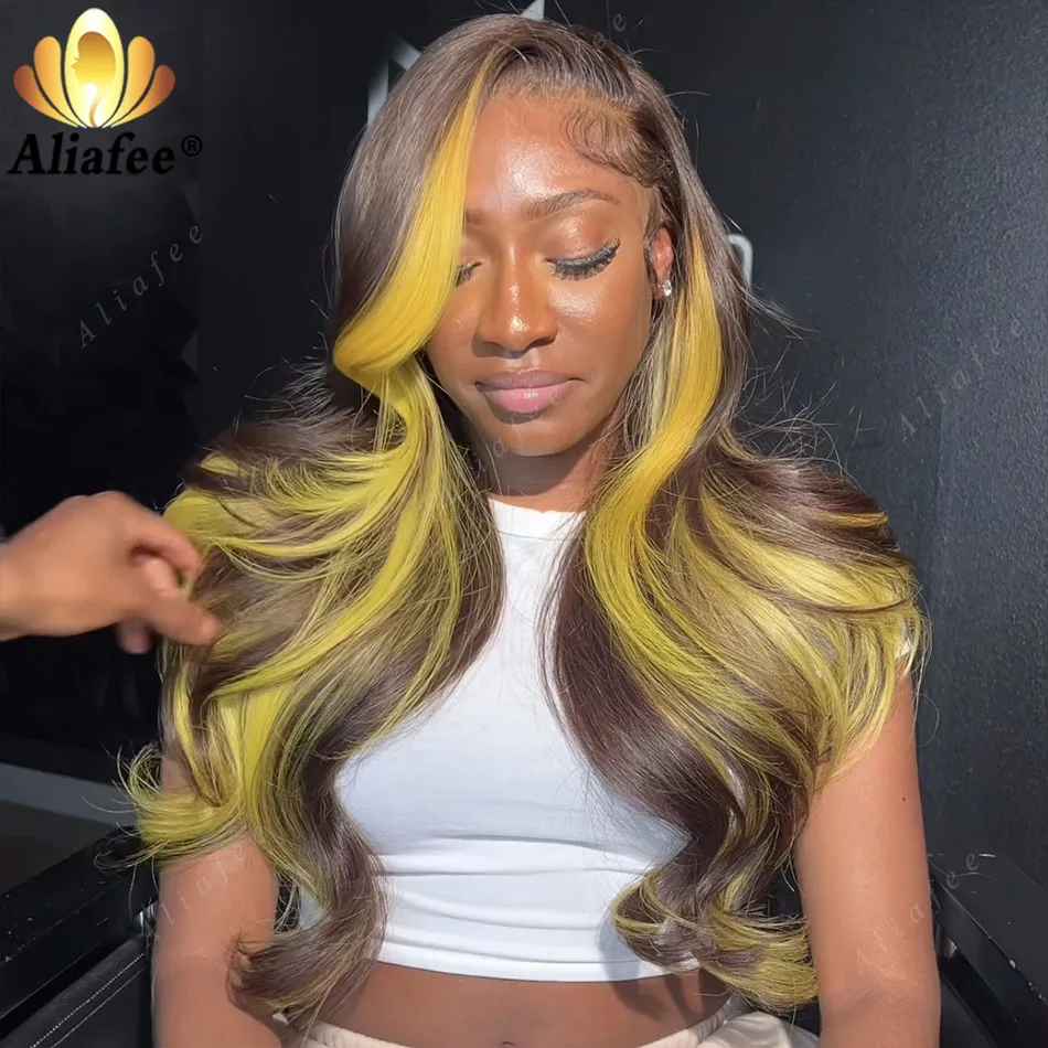 Yellow Brown Highlight Color Body Wave 13x6 Lace Frontal Wig Human Hair Highlight Brown 13X4 Pre-plucked Frontal Wig for Women