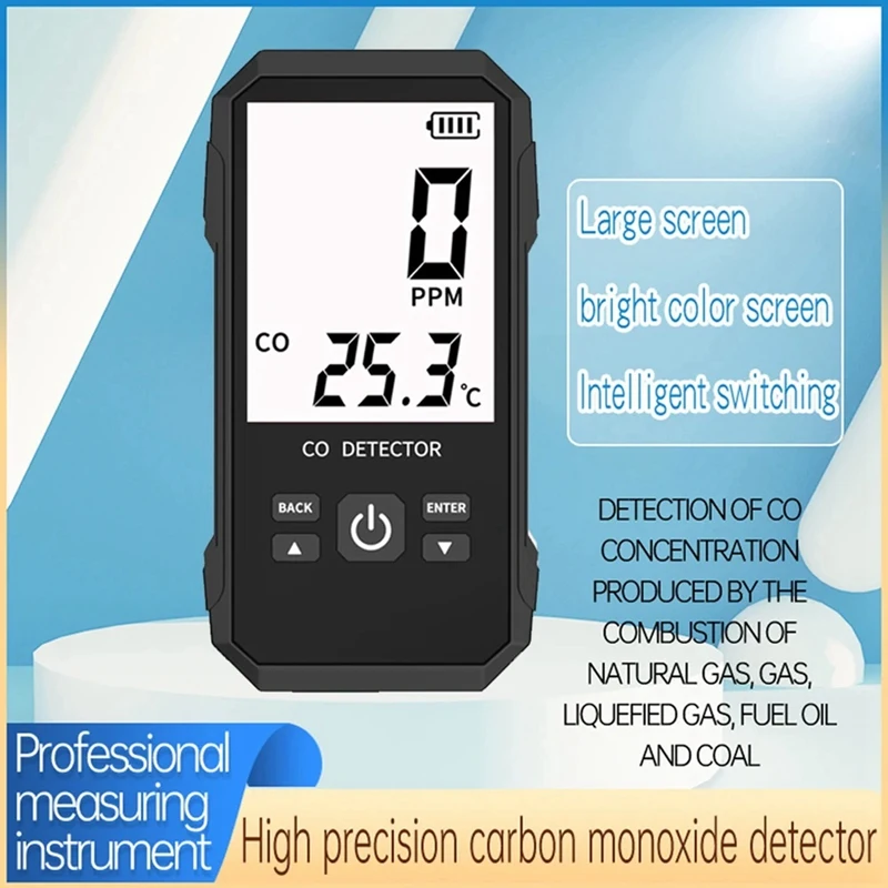 Compteur de test de concentration d'oxyde de carbone avec alarme sonore et lumineuse, détecteur de monoxyde de carbone, test de température