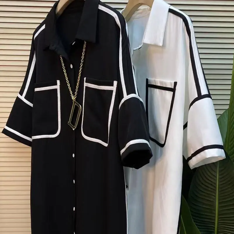 Blusa holgada de Color liso con cuello de Polo, camisa informal con bolsillos de un solo pecho, decoración de líneas brillantes que combina con