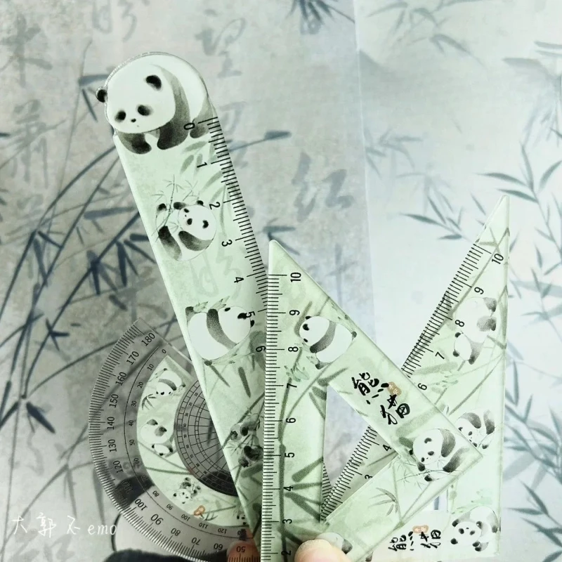 Chinese Cute Panda Bamboo Green Translucent Ruler 4-piece Set Student Plastic Straight Triangle Ruler Protractor Stationery Set