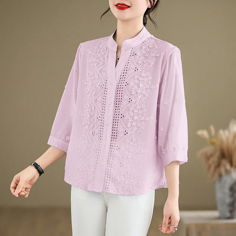 Camisa holgada de media manga para mujer, blusa informal de algodón con una hilera de botones, moda coreana, primavera y verano, novedad de 2024