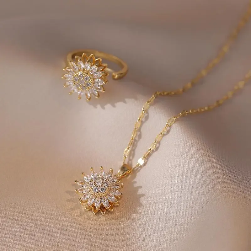 Sunflower Jewelry Set - Necklace, Ring, and Bracelet for Women - Rotatable Clavicle Chain Design for Anxiety Relief Prosperity Elegant