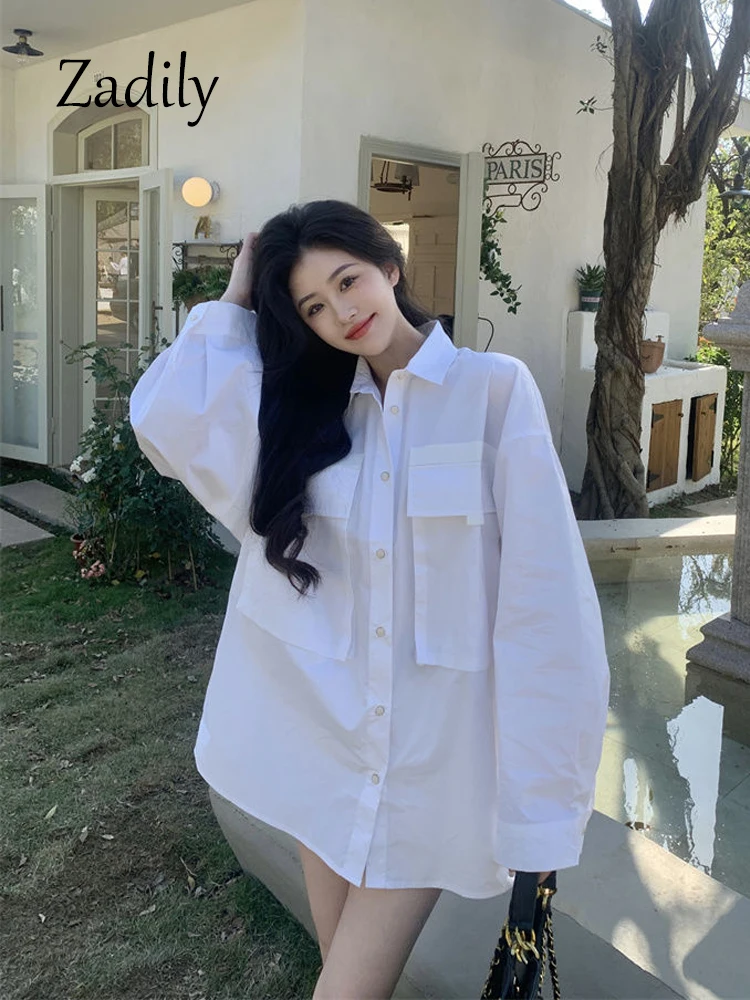 Zadily 2023 Spring Korea Style Full Sleeve Women Long White Shirt Oversize Button Up Pocket Ladies Blouse Casual Female Clothing