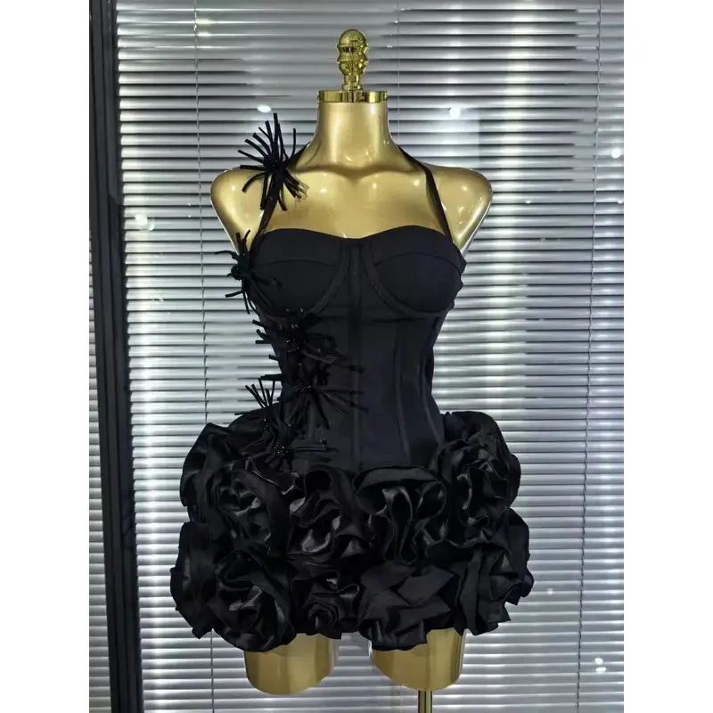 Women Spaghetti Strap 3D Floral Corset Dress Ruffle Puffy Skirt Bodycon Outfit Birthday Nightclub Party Celebrate Eleg