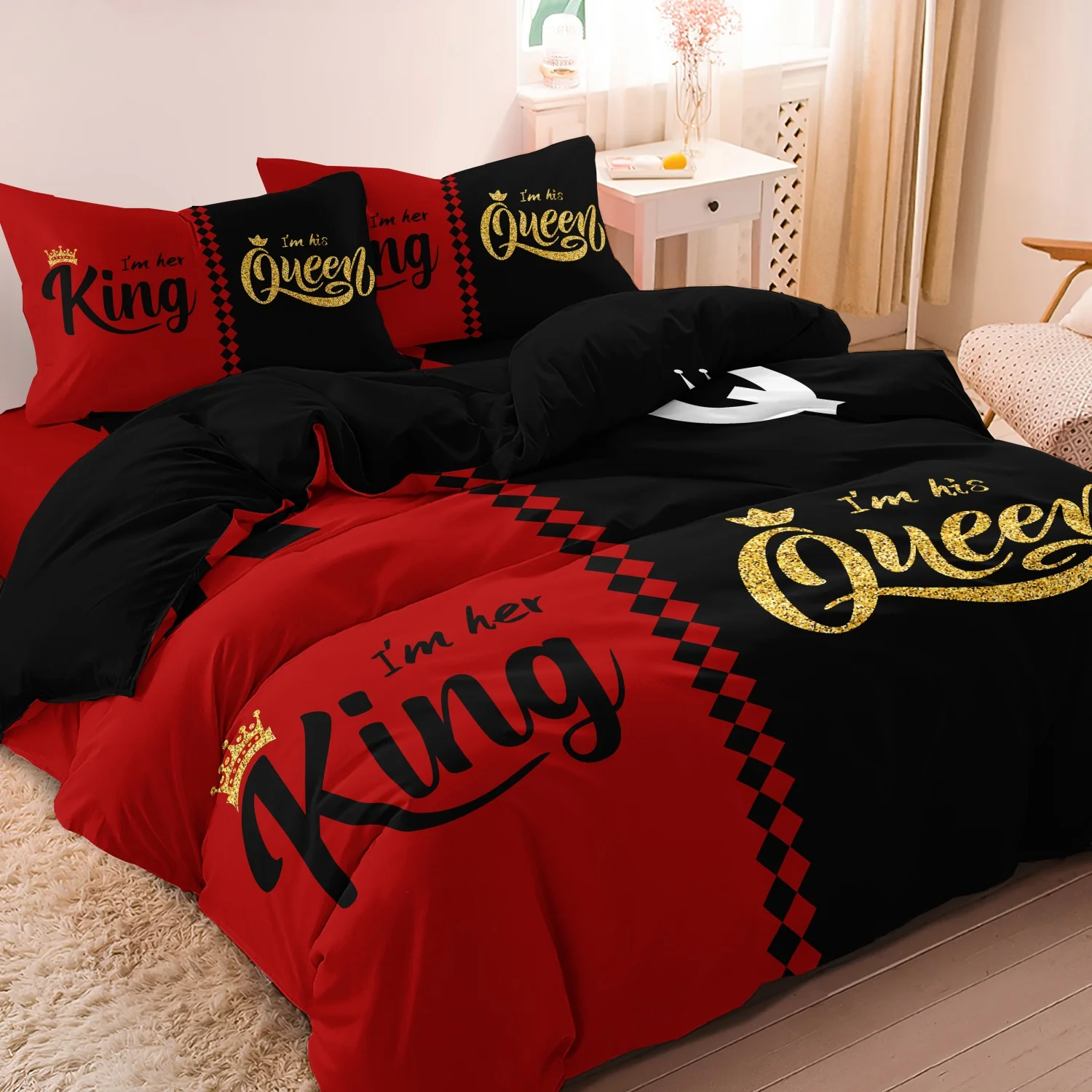 

3pcs Red Black Couples Royal King Queen Letter Print Duvet Cover Set,Bedroom Hotel School Dormitory Can Be Used As Holiday Gifts