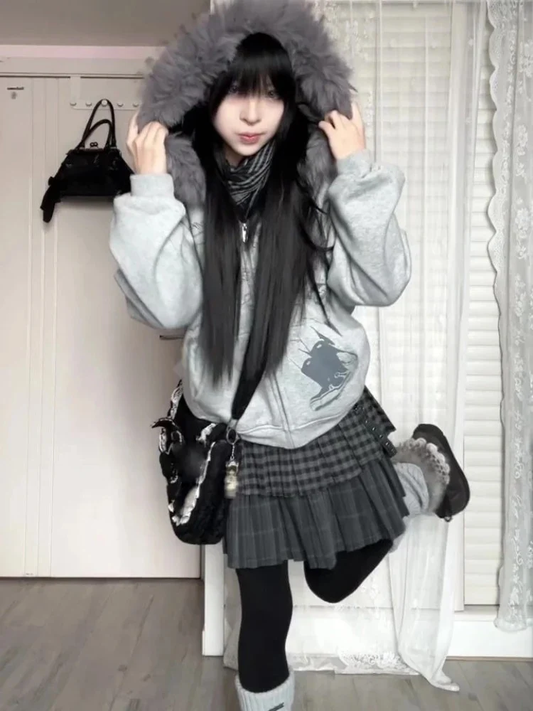 المرأة اليابانية الكرتون طباعة بلوزات Harajuku خمر الفراء المرقعة مقنعين هودي Y2k الجمالية عادية الجرونج جيب هوديس #6