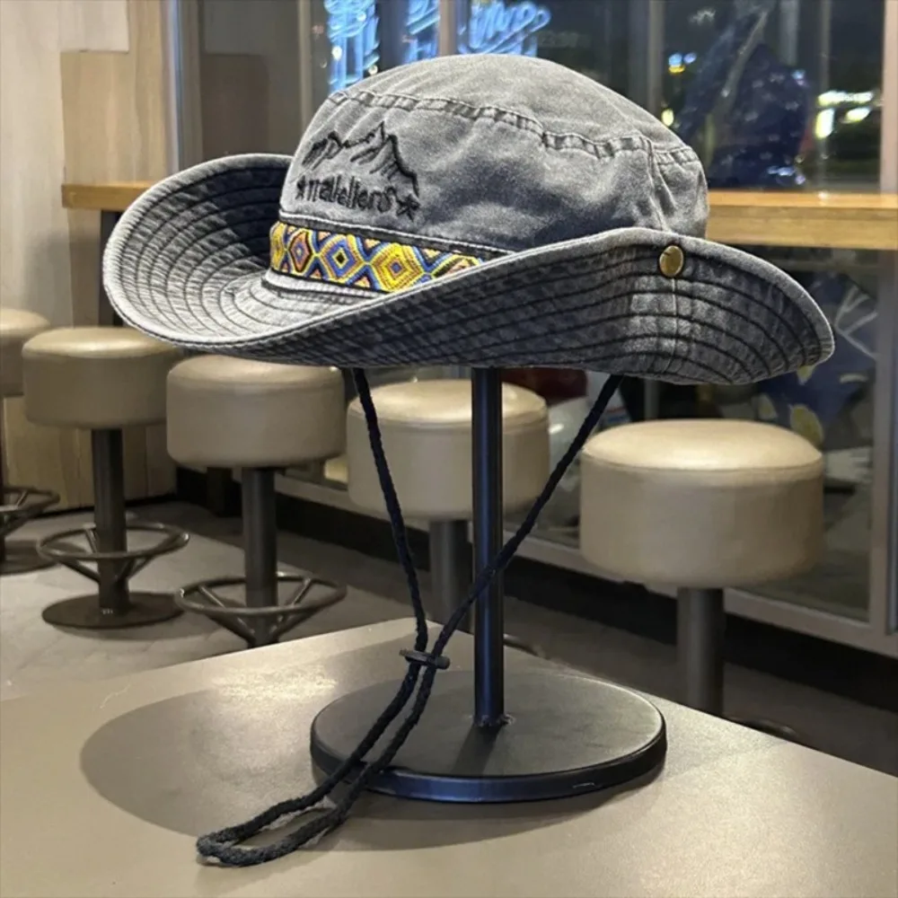 แฟชั่นหมวกกันแดดแบบพับได้คาวบอยปักหมวกชาวประมงครีมกันแดดหมวกผู้ชาย