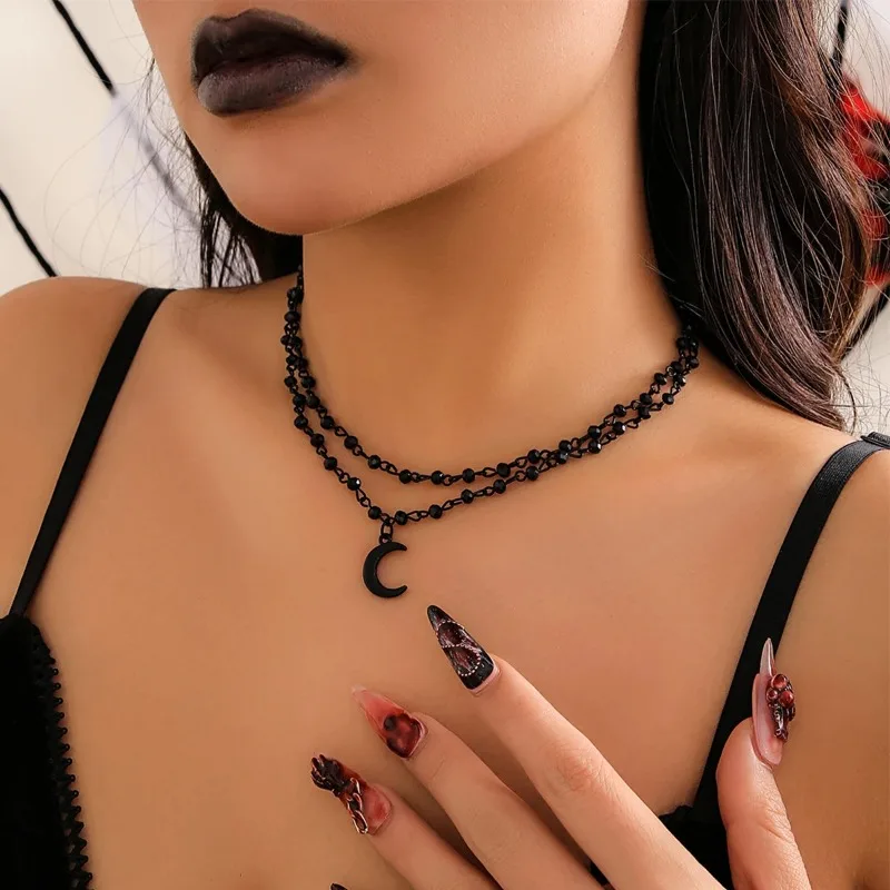 

Vintage Gothic Black Moon Beaded Double Layers Necklace Women's Personalized Hip Hop Choker Halloween Party Accessories