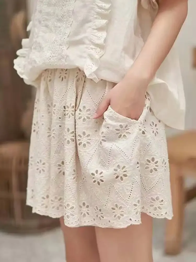 100% Cotton Linen Women Japanese Mori Girl Floral Embroidery Eyelet Wide Culottes Female Loose Edwardian Ibiza Boho Shorts Skirt