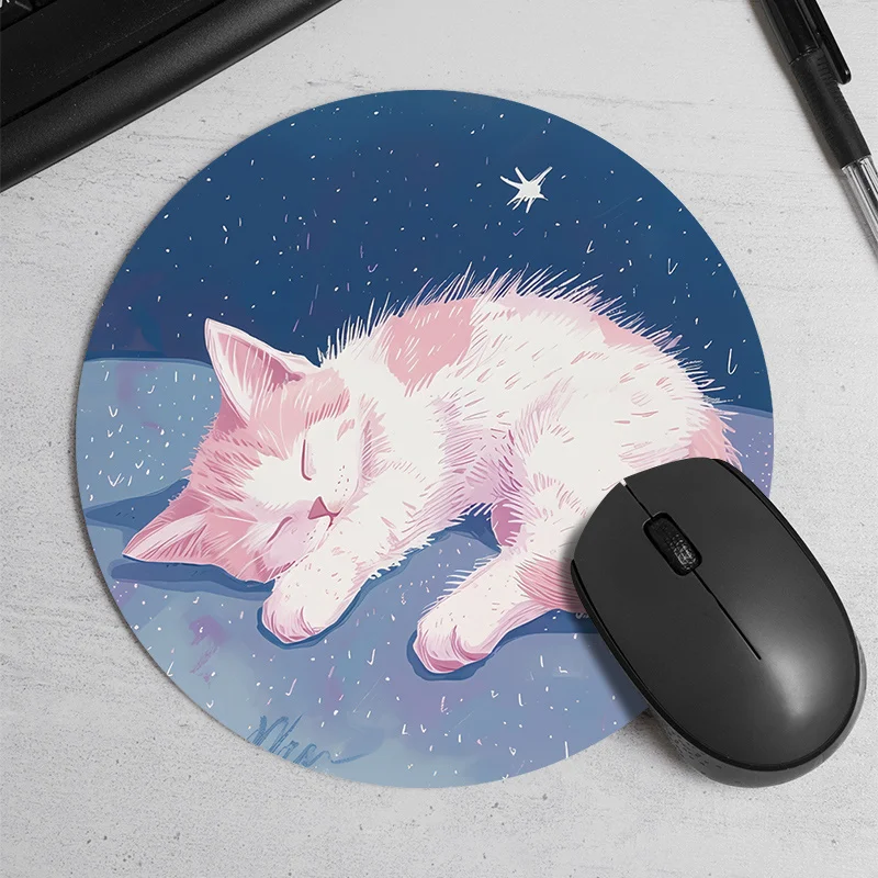 

Cat-designed circular mousepad with an anti-slip rubber and a waterproof portable blue starry sky is suitable for office home