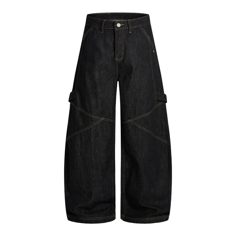 Vintage American Style Trendy Black Men's Boot Cut Jeans Visible Stitching Loose Fit Functional Denim Long Apnts 9X7P85