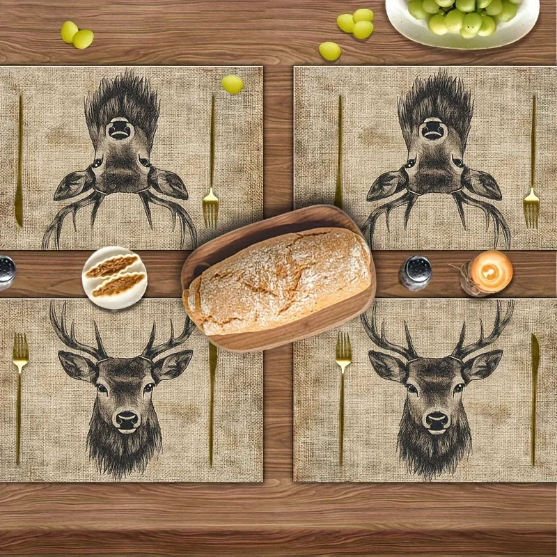4pcs 30x45cm Vintage Deer Portrait Placemats Rectangular Kitchen Dining Decor Formal Casual Dining Deer Home Decor Linen