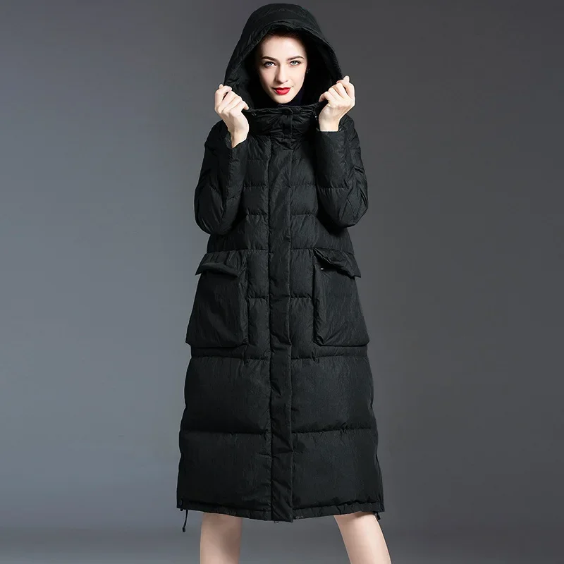 ダークグリーンの大きなサイズのフード付きパファージャケット、レディース高級ダウンコート、冬用ルーズな膝丈、欧米風トップス