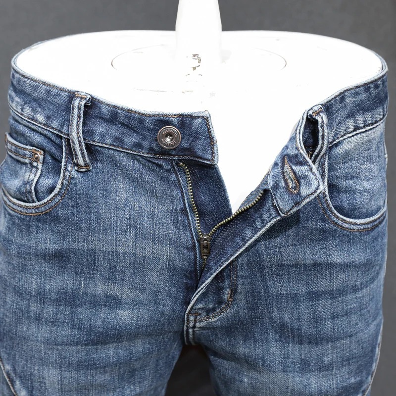 Fashion Streetwear Men Jeans Retro Blue Elastic Slim Fit Spliced Designer Biker Jeans Men Zipper Pocket Hip Hop Pants Hombre