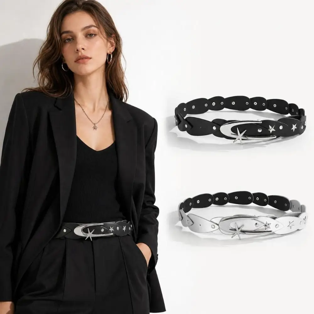 Alloy Buckle Women's Waist Belt Pu Leather Five Star Decoration Pants Belt Irregular Design Punk Style Waistband Belt