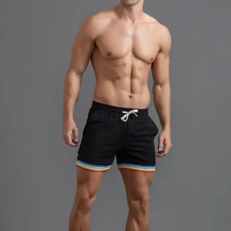 2024 Hot Sale Men\'s Summer Solid Color Rainbow Short Pocket Drawstring Loose Casual Shorts Sports Running Straight Beach Pants