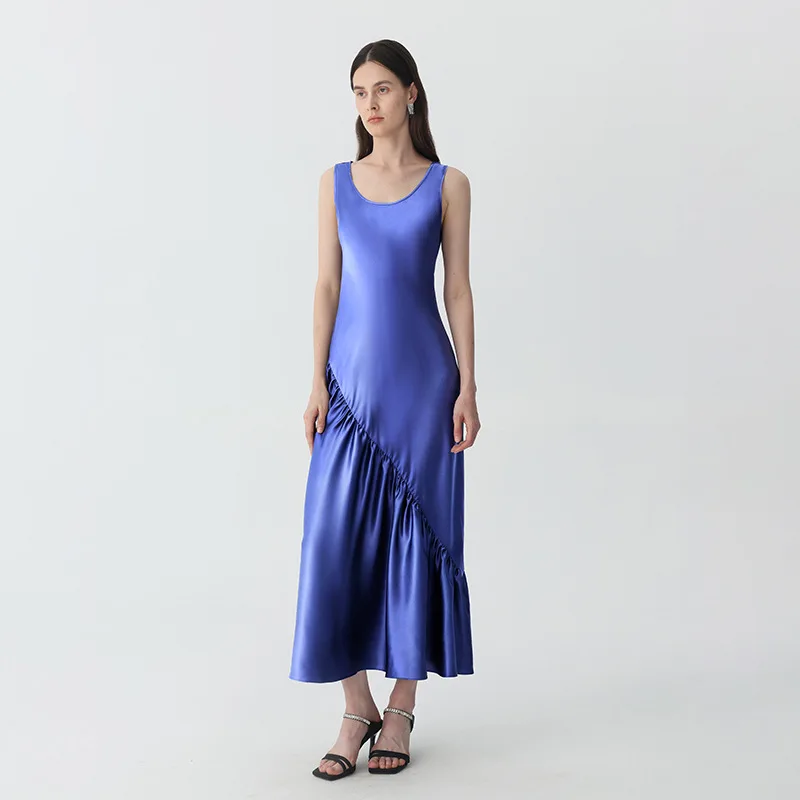 22MM 100% Mulberry Silk Maxi Dress Women Luxury Glossy Sleeveless Mermaid Long Dresses Asymmetric Ruched Evening Party Slip Gown