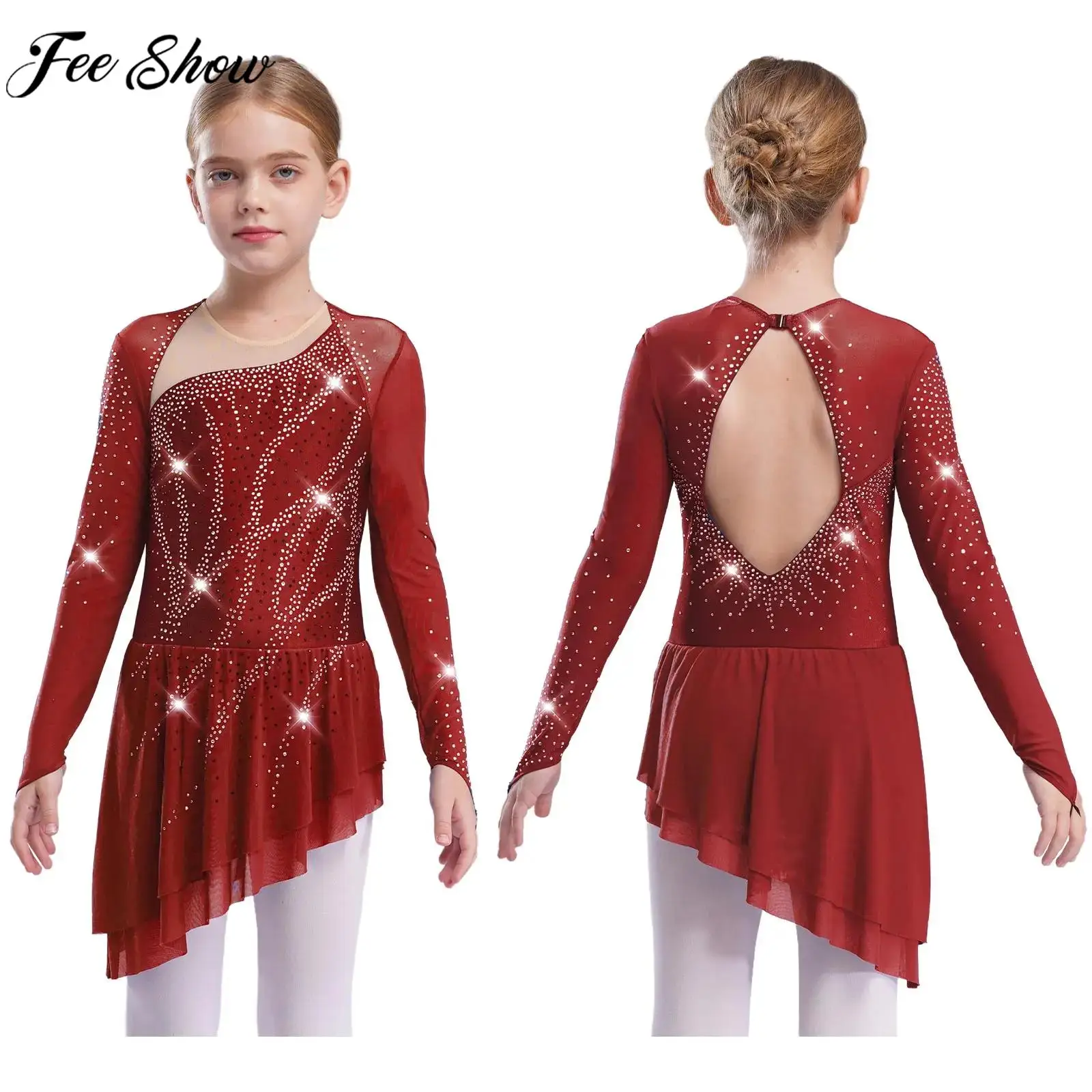 

Kids Girls Figure Skating Dress Sheer Mesh Long Sleeve Shiny Rhinestone Leotard for Modern Lyrical Dance Gymnastics Acrobatics