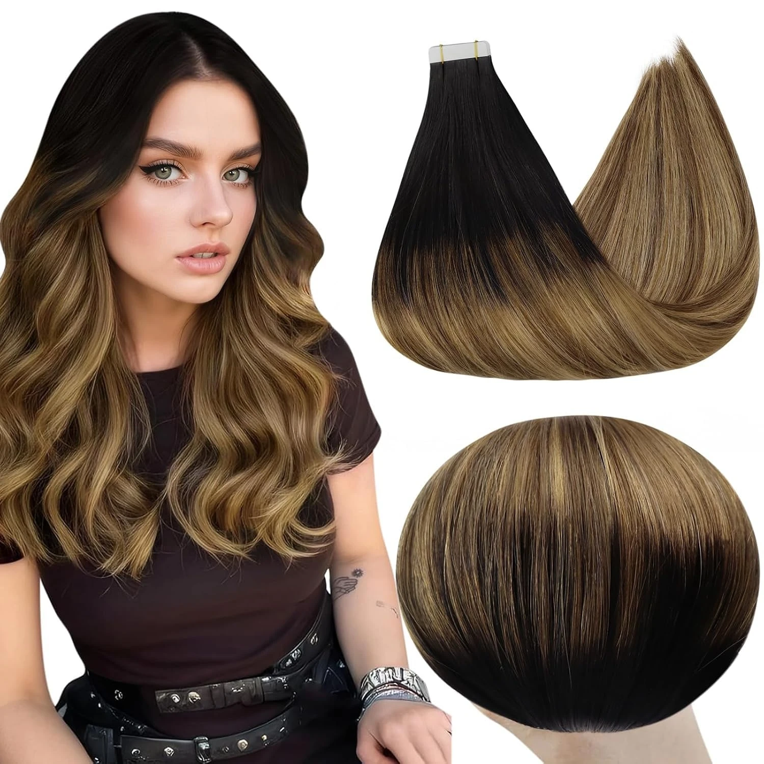 Full Shine Tape on Hair Extensions 20Pcs Balayage color Remy Straight Hair Glue in Brazilian Hair for Women