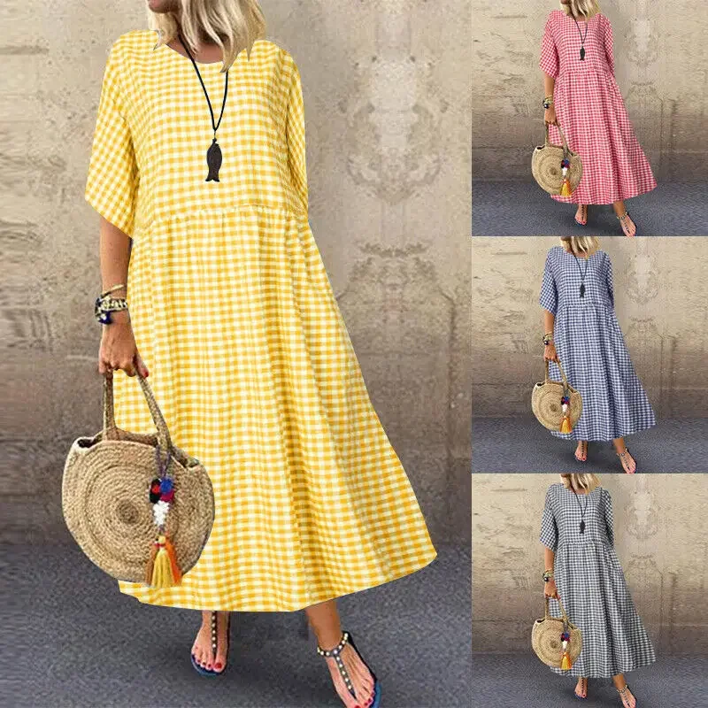 Abito lungo scozzese da donna estate Casual allentato traspirante girocollo manica corta grande Swing Dress Holiday Party Beach Skirt