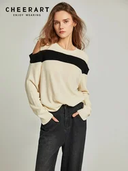 CHEERART Beige Patchwork Black Cozy Sweater Women Long Sleeve Jersey Pullover Knitwears Could Shoulder Designer Top Clothes