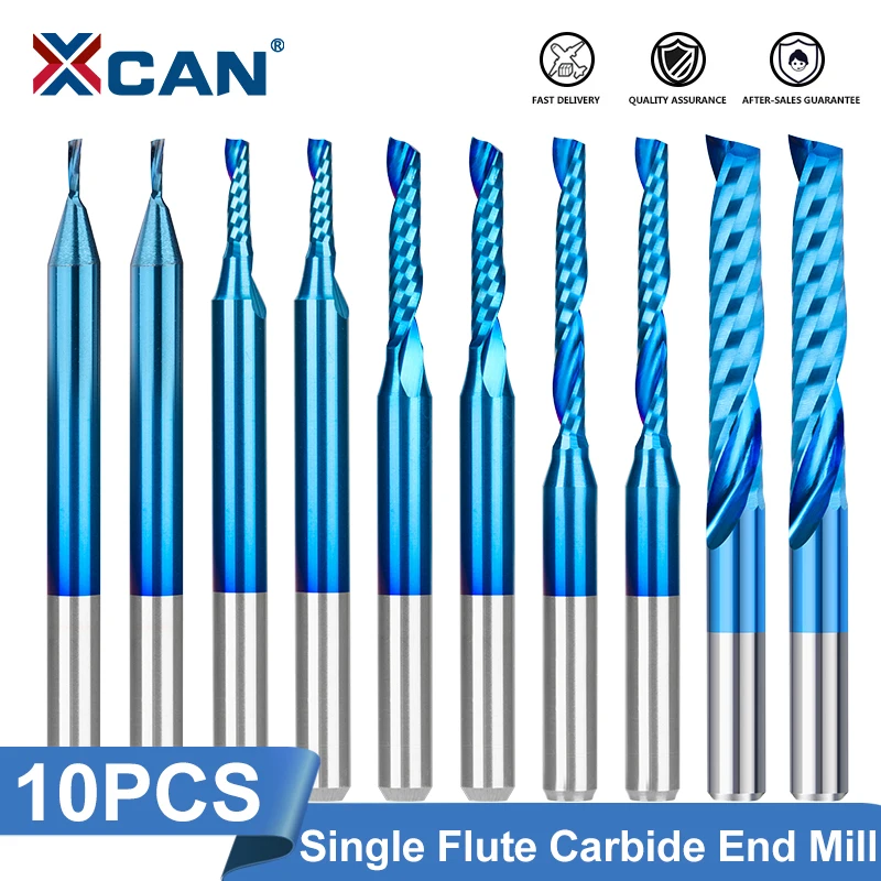 

XCAN Single Flute Spiral Milling Cutter Set 1-3.175mm 10Pcs Shank CNC End Mills Cutting for Wood MDF PVC