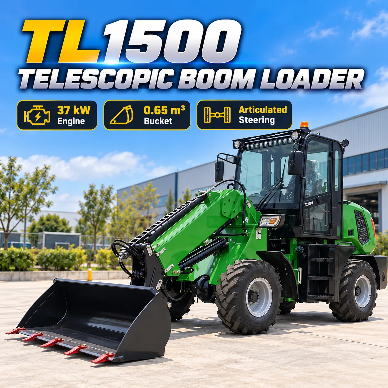 TL1500 Front End Loader Telescopic Boom 1500kg Rated Load 4 Wheel Drive Loader for Farm Yard Material Moving