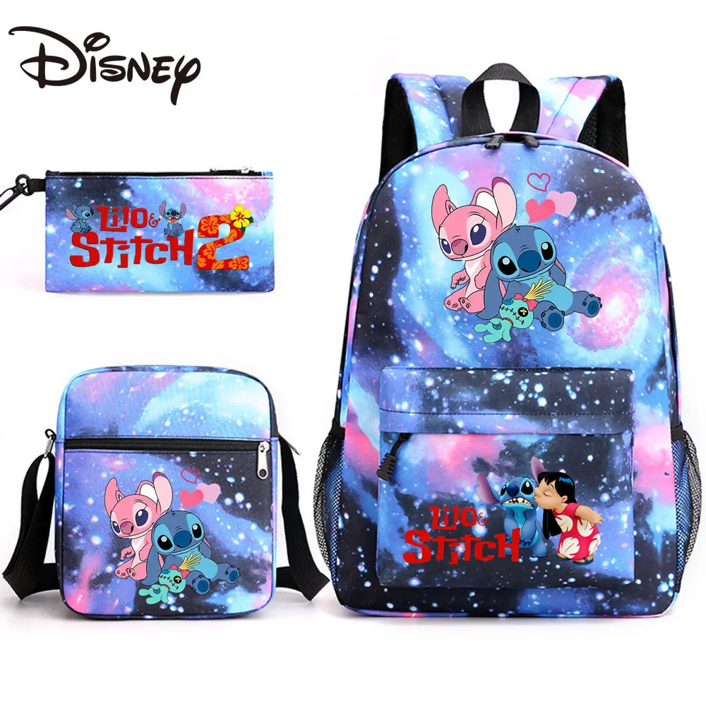 MINISO Disney Stitch Three-piece Schoolbag Cartoon Canvas Backpack Boys and Girls Students Leisure Bag Shoulder Bag Pencil Case