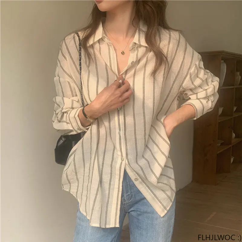 

Chic Korea Cute Sweet Girls Transparent Striped Boyfriend Shirts Blouses Women Japan Preppy Style Loose Casual Button Retro Tops