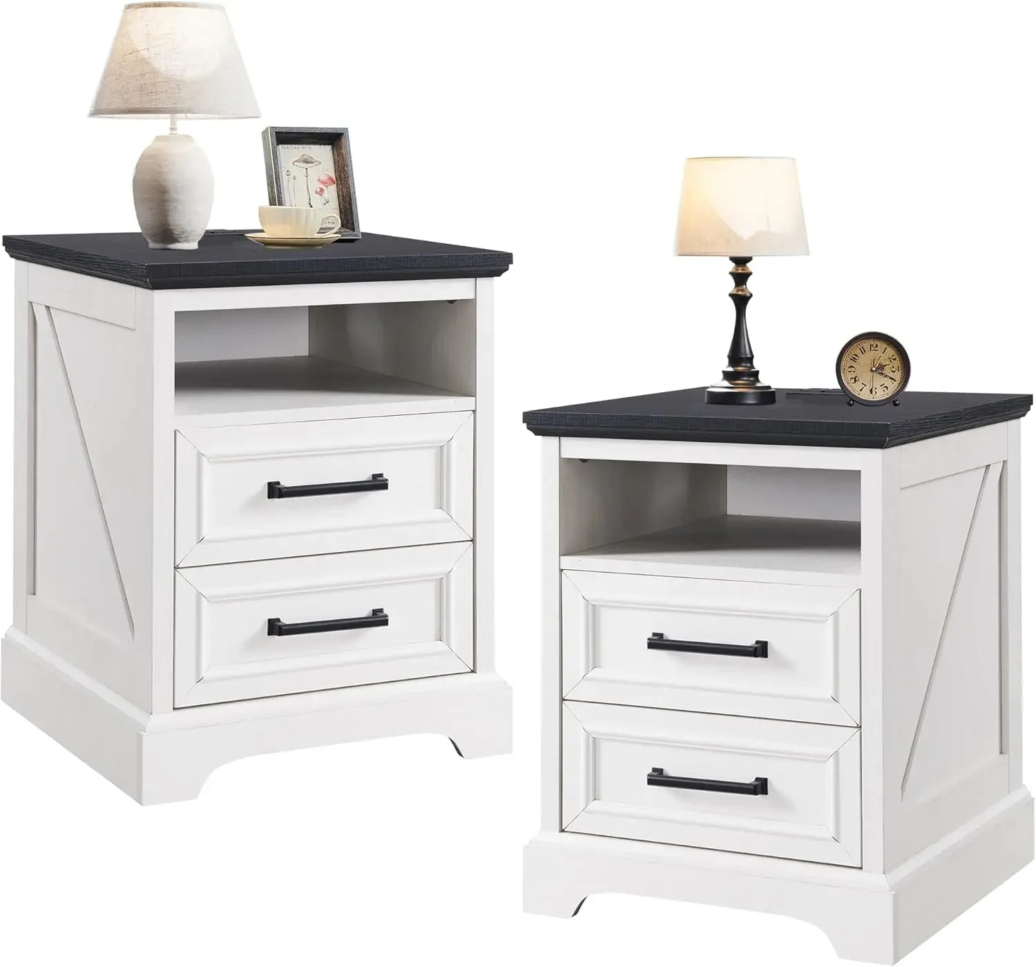 

18" Farmhouse Nightstand Set of 2 with Charging Station,End Table with 2 Drawers Storage,Side Table,Bedside Cabinet for Bedroom,