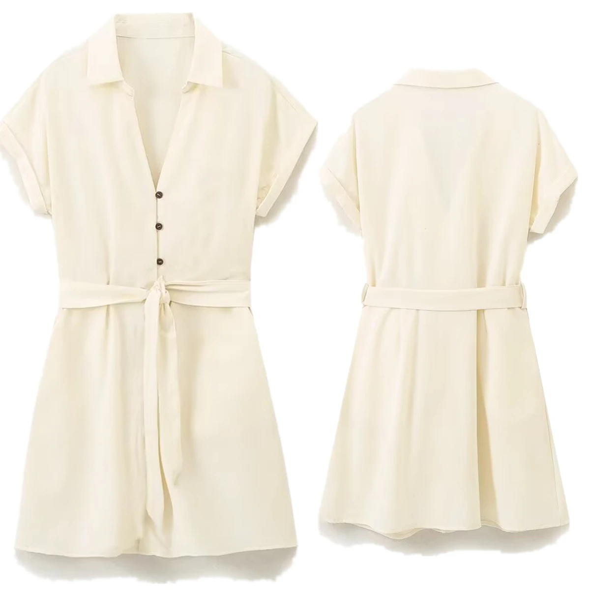 

Dave&Di Minimalist Cotton Beige Shirt Style Dress Women 2025 Summer Dresses With Belt Dresses Vestidos