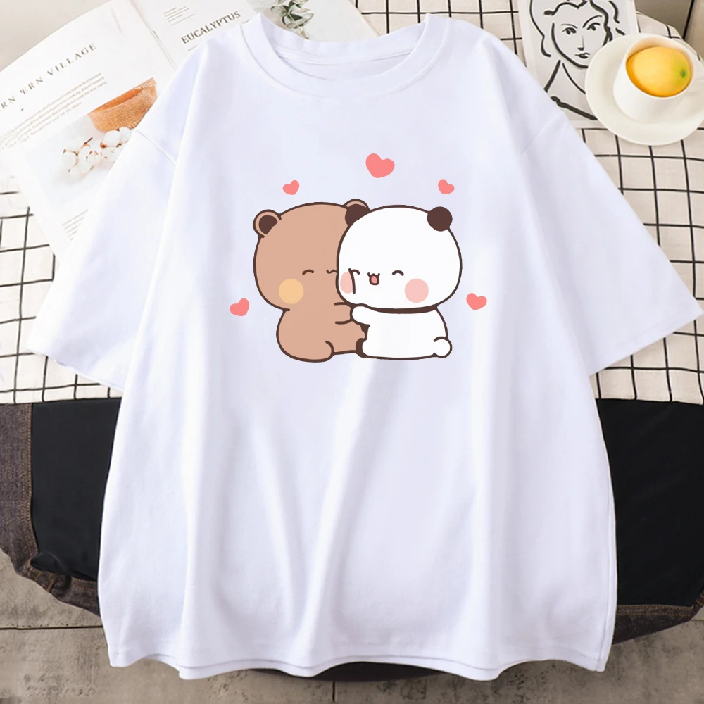 Panda Bear Bubu and Dudu Cute T Shirt Oversized EU Size 100% Cotton Women Tops Cartoon Print Pink Tees O-Neck Anime Korean Style