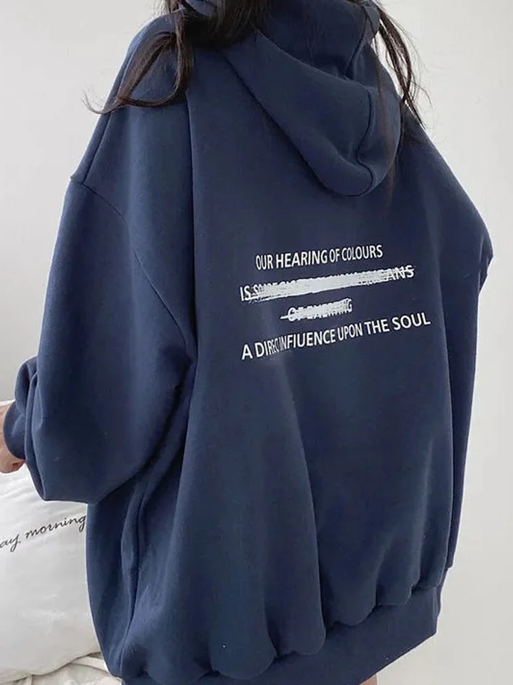 2024 Autumn Minimalist Long Sleeve Women Oversize Hoodies Korea Style Funny Printing Loose Pullovers Y2K Female Clothing Tops