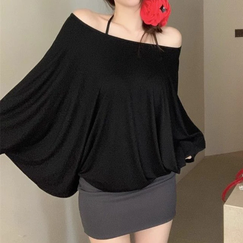 

Women's Summer Bat Sleeve Round Neck Loose T-shirt New Design Sense Solid Color Spicy Girl Half Sleeve Top