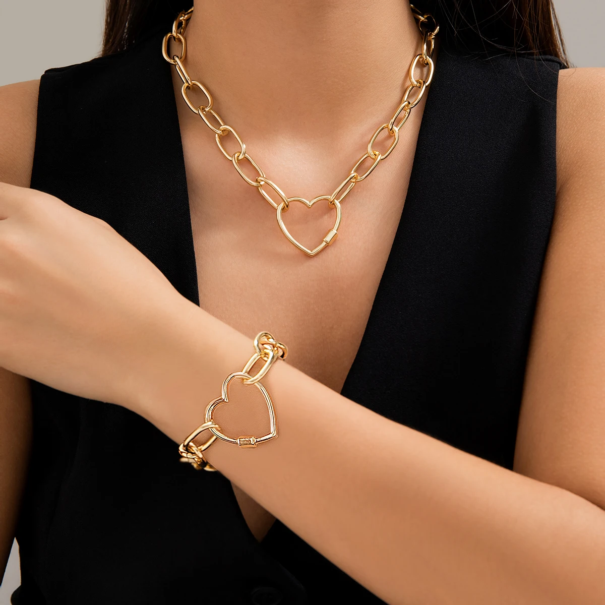 Kunjoe 2024 Punk o Form Glieder kette mit Herzring Anhänger Halskette Armband für Frauen Set