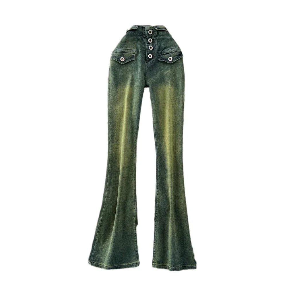 Jean avec boutonnage simple sur le devant pour femme, pantalon évasé boutonné, cloche Bootcut légère, pantalon en denim astronomique, Y2K, 2023 aught Dye Green Grill