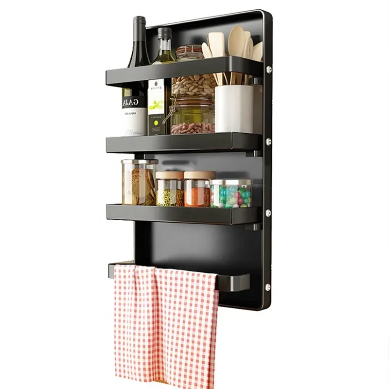 2022 Hot Sale Wall Mounted 2 Tier 3 Tier Metal Black Foldable Storage Rack Refrigerator kitchen Magnetic Spice Rack