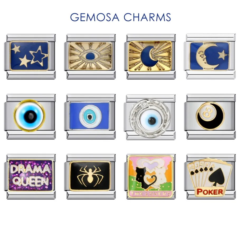 GEMOSA Fashion Eye Moon Star Fish Spider Poker Queen Charm Italian Links Fit 9mm Stainless Steel Bracelet Making DIY Jewelry