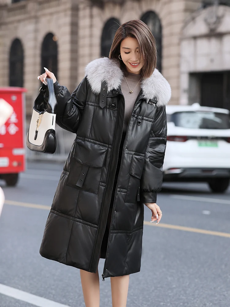 Luxury Sheepskin Down Coat Natural Fox Fur Collar Genuine Leather Parka Winter Oversized Warm Loose Women's Overcoat