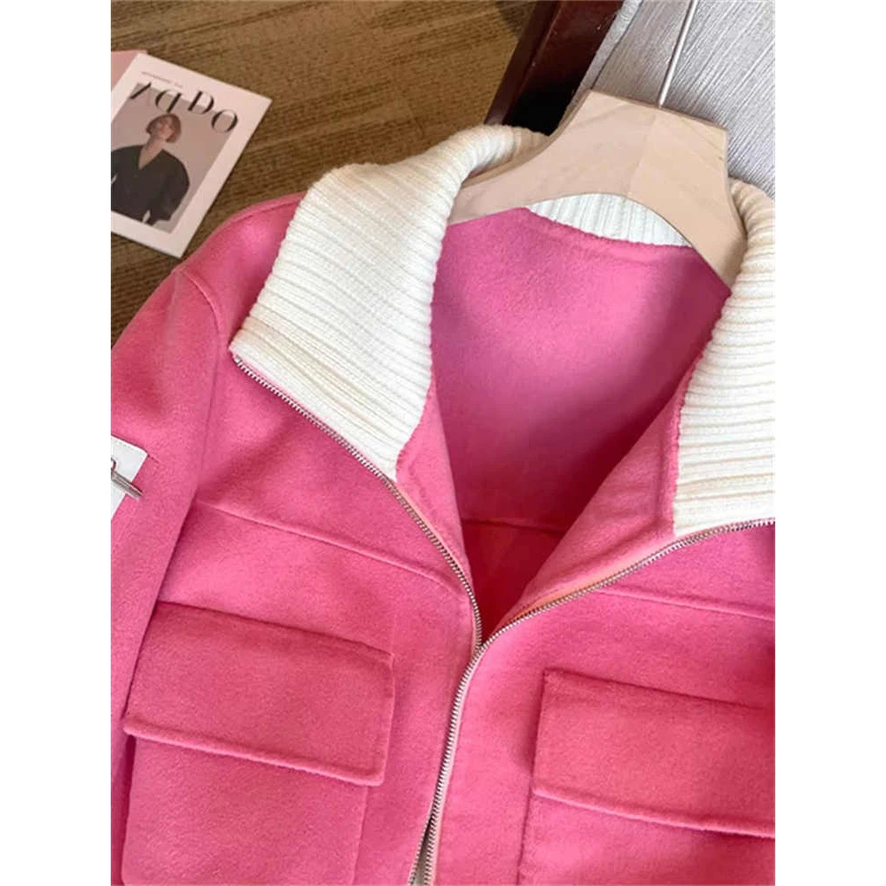 Femmes rose recadrée laine pardessus à manches longues vêtements d'extérieur Vintage Harajuku coréen lâche Baseball veste manteau 2000s vêtements hiver