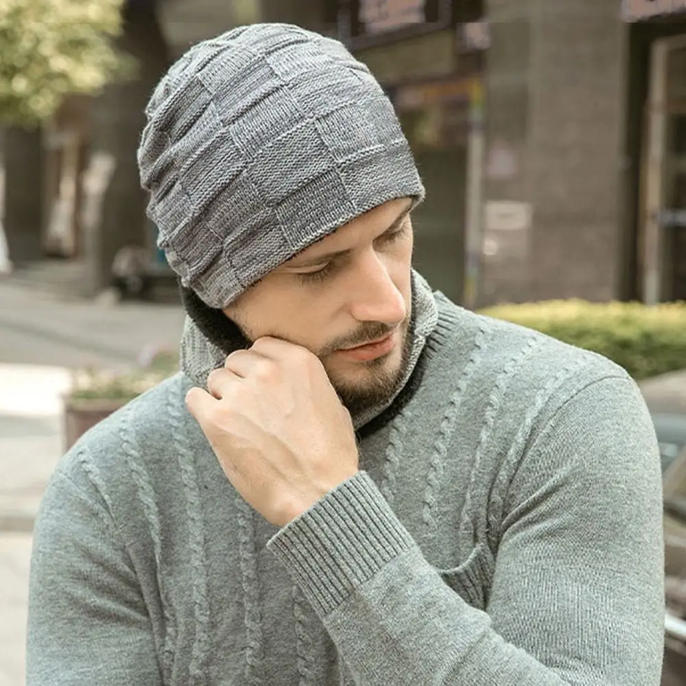 Fashion Winter Men's Beanie Hat Scarf Set Warm Thick Fleece Lined Knit Hat Scarf Neck Warmer Skullies Bonnet