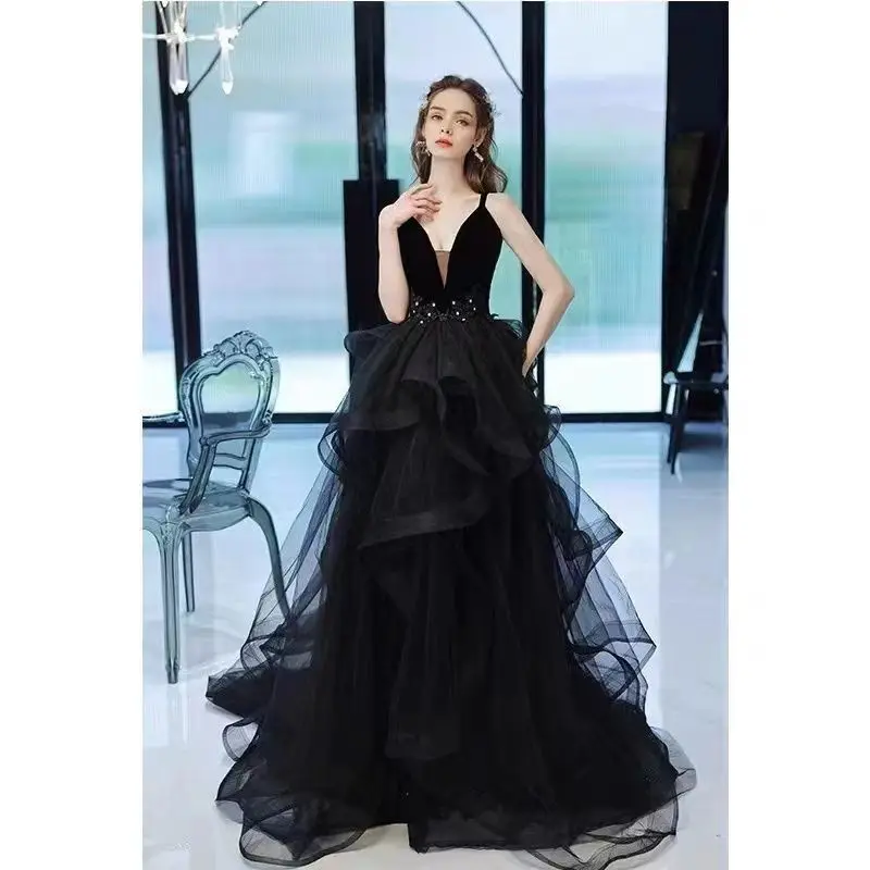 Women Elegant Party Tulle Dresses for Women Fluffy Spaghetti Strap Black Birthday Dress Long One-piece Dress Gown